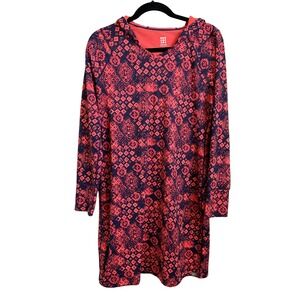 Title Nine Women's Size Medium Hooded Dress Long Sleeve Coral Navy‎ Blue